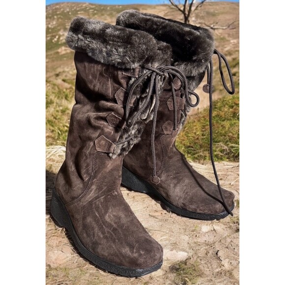Khombu Bellini Lea Brown Suede Faux Fur Lined Winter Calf High Warm  Boots 7.5 - Picture 1 of 10